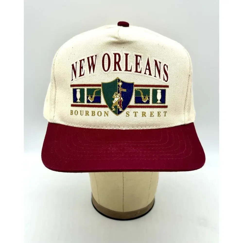 Vtg 90’s New Orleans Bourbon Street Burgundy Cream Snapback Trucker Hat NWOT